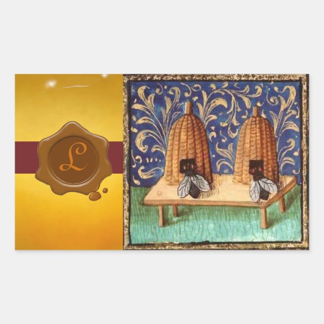STICKER RECTANGULAIRE ABEILLE, MONOGRAMME DE SCEAU DE CIRE BRUNE (Devant)