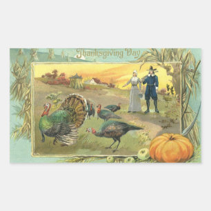 Sticker Rectangulaire Action de grâce vintage avec dindes et pèlerins