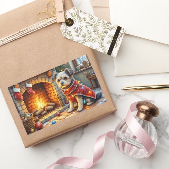 Sticker Rectangulaire Affenpinscher Sitting Fireplace Christmas Lights (Cadeaux)