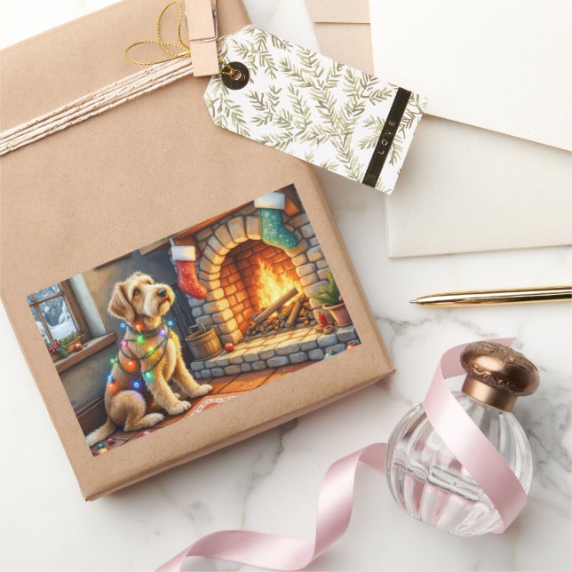 Sticker Rectangulaire Airedale Terrier Fireplace Christmas Lights (Cadeaux)