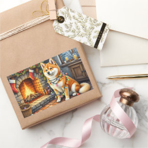 Sticker Rectangulaire Akita assis près de la cheminée avec des lumières 