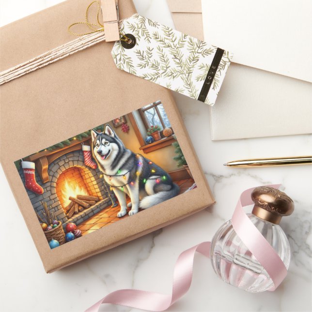 Sticker Rectangulaire Alaskan Malamute Fireplace with Christmas Lights (Cadeaux)