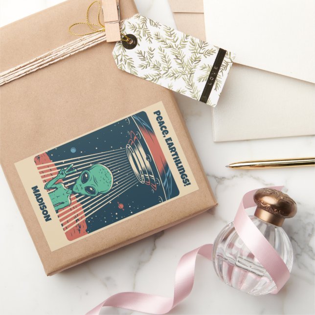 Sticker Rectangulaire Alien UFO de texte personnalisé (Cadeaux)