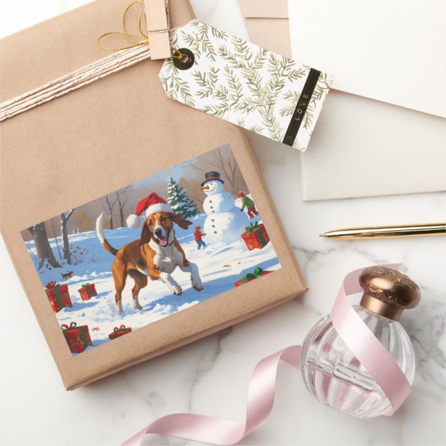 Sticker Rectangulaire American English Foxhound Noël Festive Neige (Cadeaux)