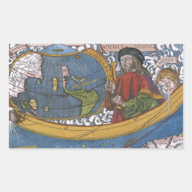 Sticker Rectangulaire Amerigo Vespucci Explorer sur une carte des Amériq (Devant)