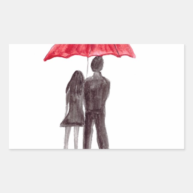 Sticker Rectangulaire Amour couple avec parapluie rouge couple romantiqu (Devant)