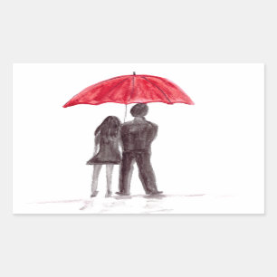 Sticker Rectangulaire Amour couple avec parapluie rouge couple romantiqu