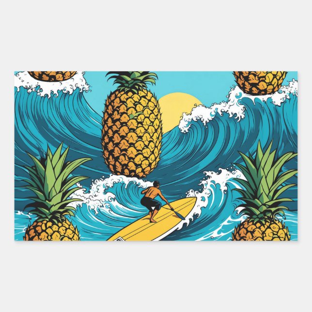 Sticker Rectangulaire Ananas Surfer : Aventure tropicale estivale (Devant)