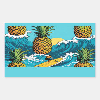 Sticker Rectangulaire Ananas Surfer : Aventure tropicale estivale