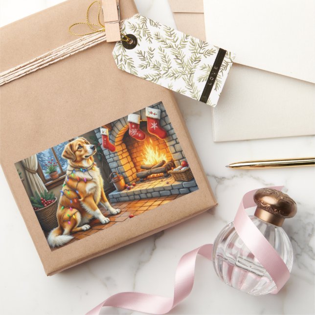 Sticker Rectangulaire Anatolian Shepherd Fireplace with Christmas Lights (Cadeaux)