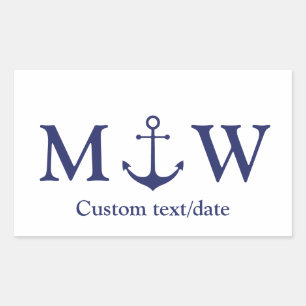 Sticker Rectangulaire ancre nautique mariage marine bleu monogramme favo