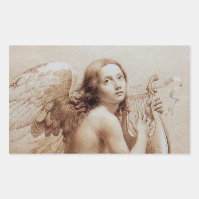 STICKER RECTANGULAIRE ANGE JOUER LYRA SUR LES NUAGES (Devant)