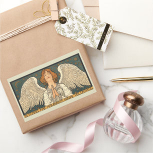 Sticker Rectangulaire Ange religieux vintage priant avec des étoiles dor