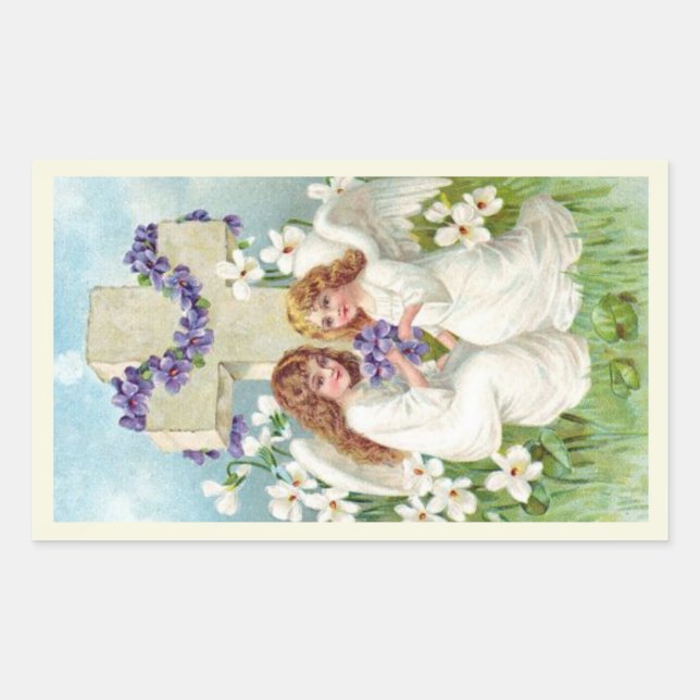 Sticker Rectangulaire Anges Mignons Avec Croix Et Fleurs  (Devant)