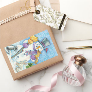 Sticker Rectangulaire Animaux mignons construisant un bonhomme de neige 
