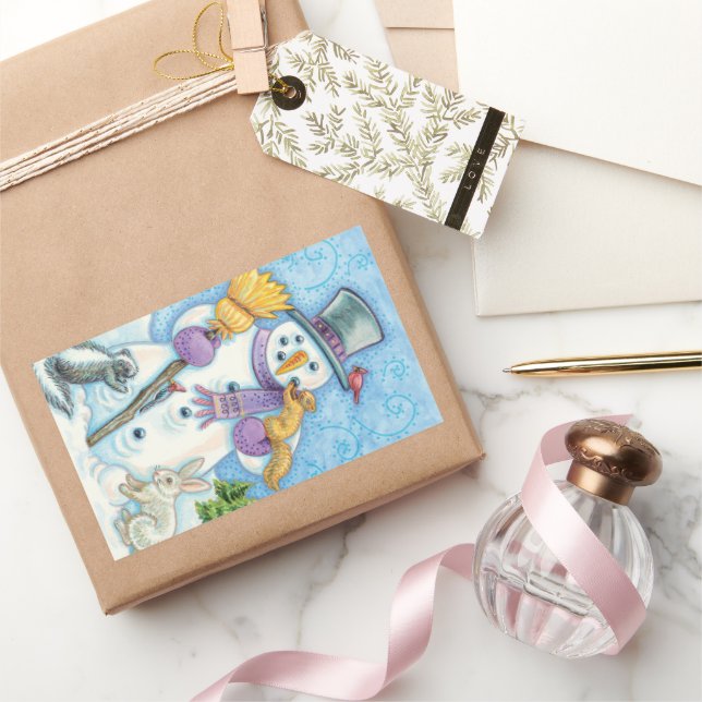 Sticker Rectangulaire Animaux mignons construisant un bonhomme de neige  (Cadeaux)