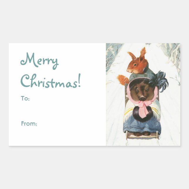 Sticker Rectangulaire Animaux Vintages Dormir "Joyeux Noël" (Devant)