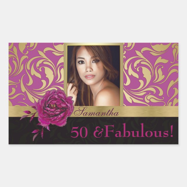 Sticker Rectangulaire Anniversaire de 50 et fabuleux Damas d'or violet (Devant)