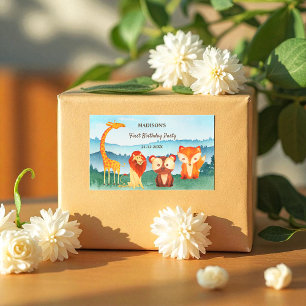 Sticker Rectangulaire Anniversaire Safari Animaux Blue Party