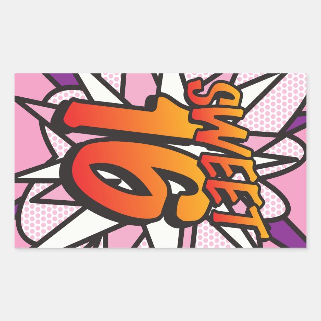 Sticker Rectangulaire Anniversaire SWEET 16 Livre de Bande Dessinée Rétr (Devant)