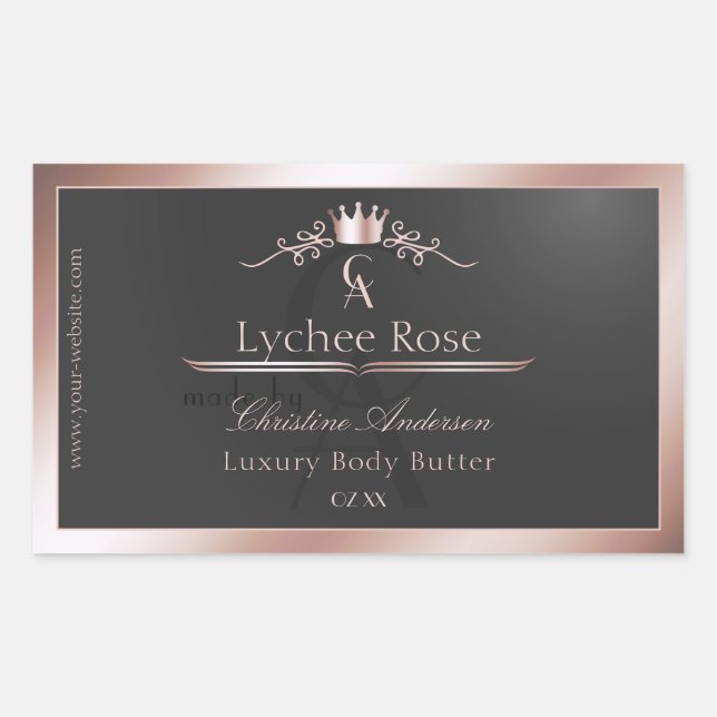 Sticker Rectangulaire Anthracite Product Label Rose Gold Frame Monogram (Devant)