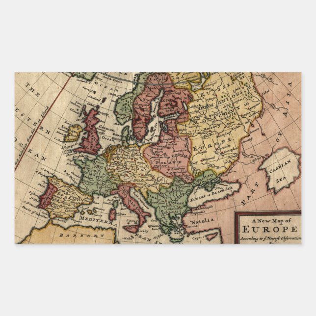 Sticker Rectangulaire Antiquarian 1721 Map of Europe by Herman Moll (Devant)