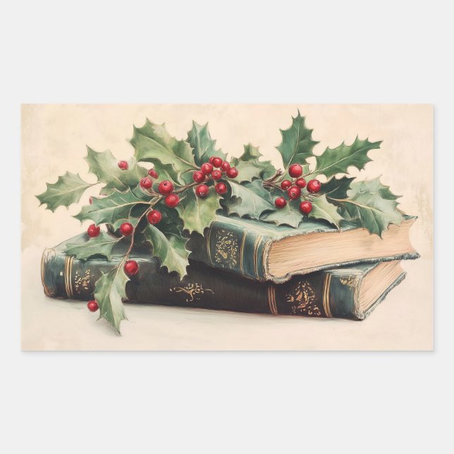 Sticker Rectangulaire ANTIQUE BOOKS WITH HOLLYBERRIES Vintage Christmas (Devant)