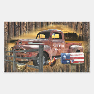Sticker Rectangulaire Antique Red Truck Roster Hen Barn Vintage Truck