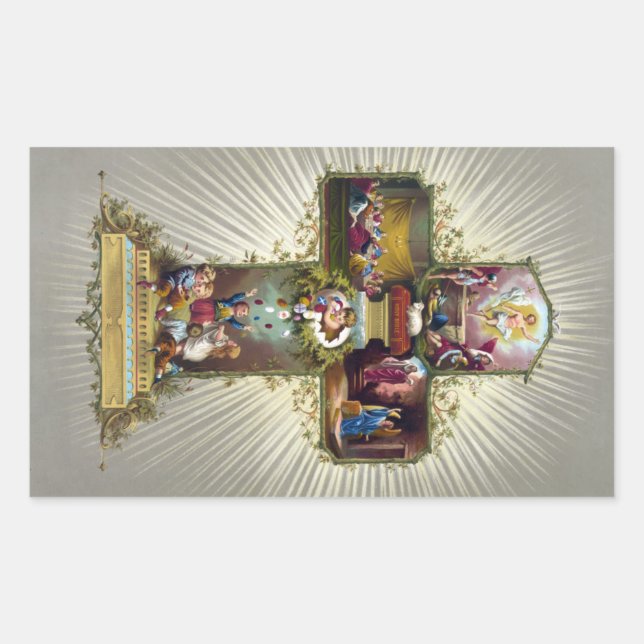 Sticker Rectangulaire Antique Vintage Joyeux Pâques Croix religieuse (Devant)