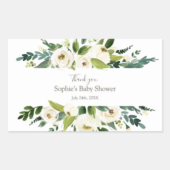 Sticker Rectangulaire Aquarelle Blanc BABY SHOWER de cadre Floral (Devant)
