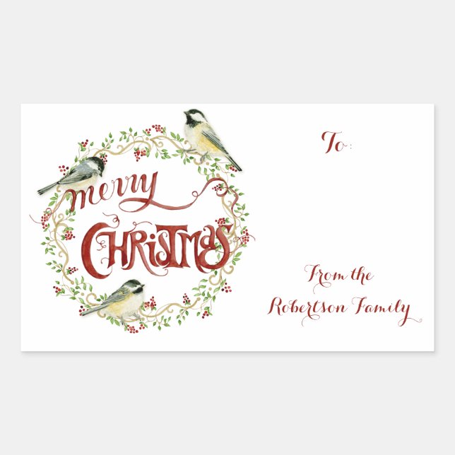 Sticker Rectangulaire Aquarelle Chickadee Birds Joyeux Noël Wreath (Devant)