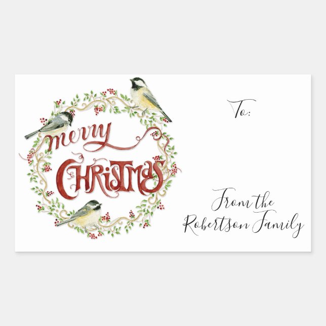 Sticker Rectangulaire Aquarelle Chickadee Birds Joyeux Noël Wreath (Devant)