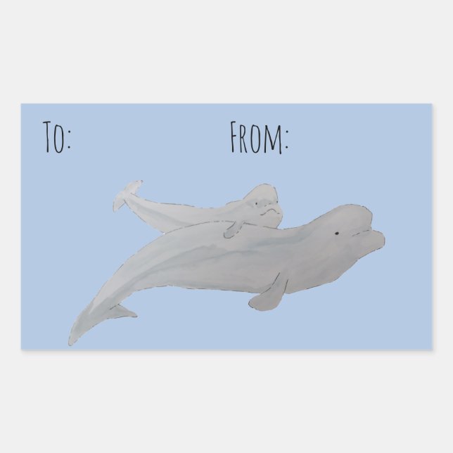 Sticker Rectangulaire Aquarelle Océan Animal Mère Bébé Beluga Baleine (Devant)