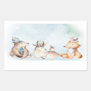 Sticker Rectangulaire Aquarelle Ours Bohème Animaux Rustiques Baby Showe