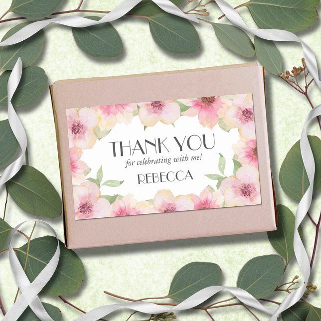 Sticker Rectangulaire Aquarelle rose Fleurs blanches (4.5" x 2.7" rectangle stickers with yellow and pink blush flowers, thank you and your name)