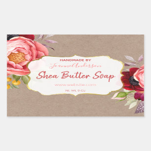 Sticker Rectangulaire Aquarelle Rose Florale Sur Kraft Beurre De Kraft