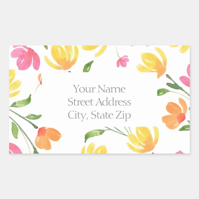 Sticker Rectangulaire Aquarelle rose jaune orange Motif de tiges florale (Devant)