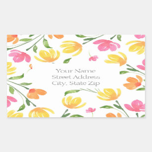 Sticker Rectangulaire Aquarelle rose jaune orange Motif de tiges florale