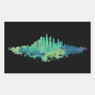 Sticker Rectangulaire Aquarelle Skyline de Chicago en bleu et vert
