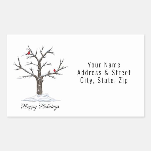 Sticker Rectangulaire Arbre À Neige Et Oiseaux Rouges Noël Joyeux Fêtes (Devant)