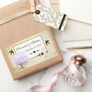Sticker Rectangulaire Arbre de lavande à feuille de cœur Mariage oiseau 