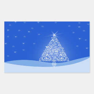 Sticker Rectangulaire Arbre de Noël Bleu Blanc Étoiles Lumière de Nuit