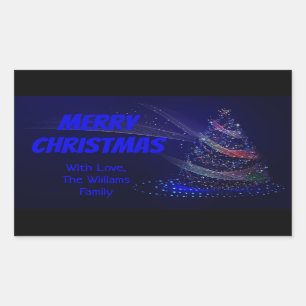 Sticker Rectangulaire Arbre de Noël Bleu Étoiles Chaîne de lumières Élég