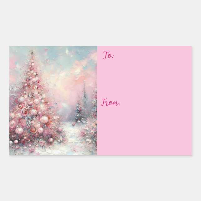 Sticker Rectangulaire Arbre de Noël impressionniste Whimsical bleu rose (Devant)