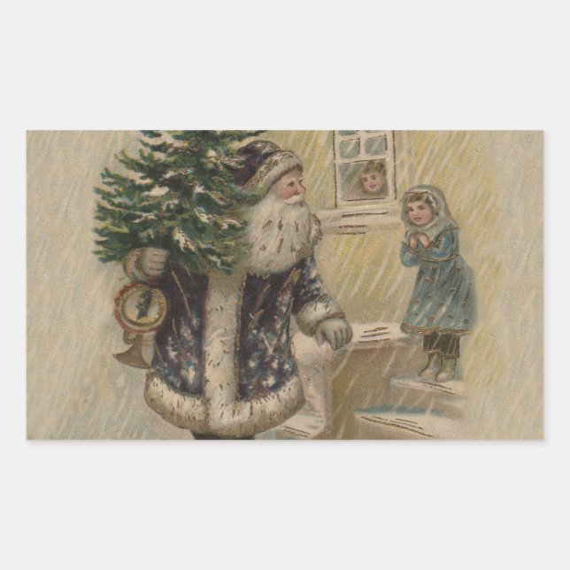 Sticker Rectangulaire Arbre de Noël vintage Père Noël (Devant)