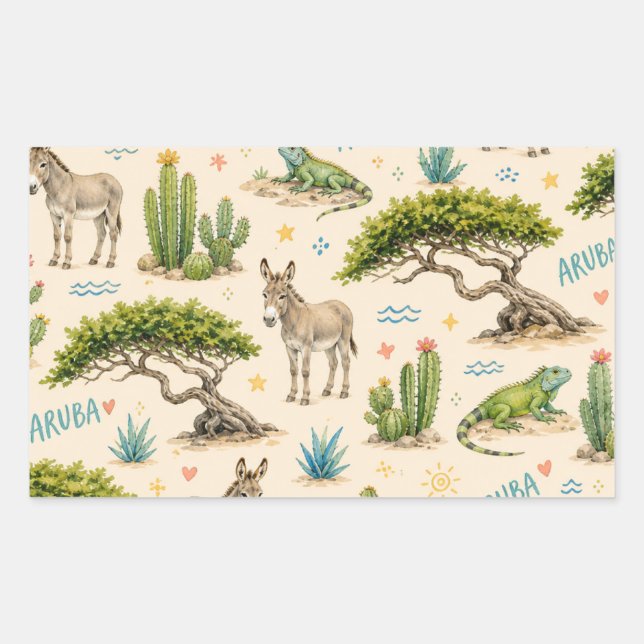 Sticker Rectangulaire Arbre divi d'Aruba, âne, iguane, cactus (Devant)