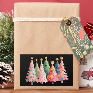Sticker Rectangulaire Arbres de Noël aquarelle Noël mignon rose