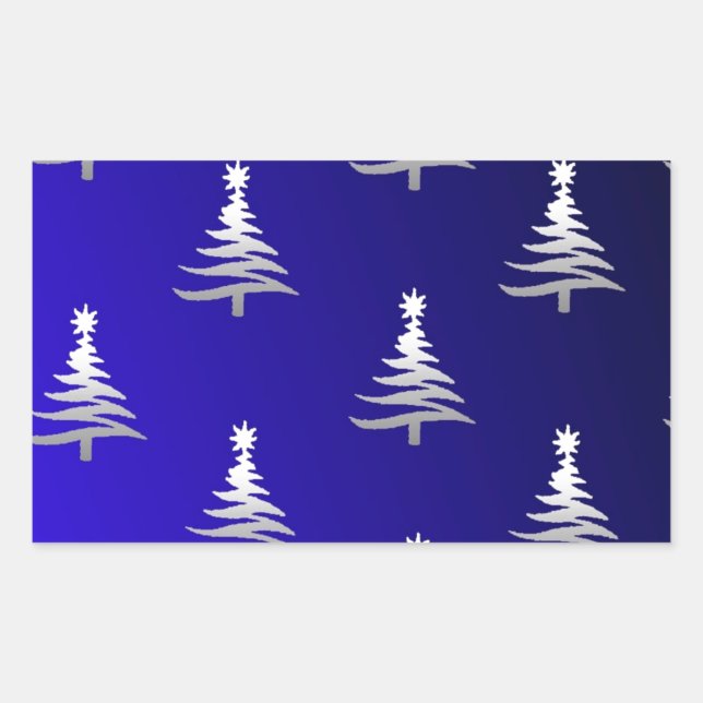 Sticker Rectangulaire Arbres de Noël Argent sur Bleu Cobalt (Devant)
