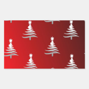 Sticker Rectangulaire Arbres de Noël en argent sur rouge