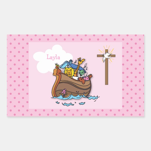 Sticker Rectangulaire Arche de Noé personnalisable pour baptême de bébé  (Devant)